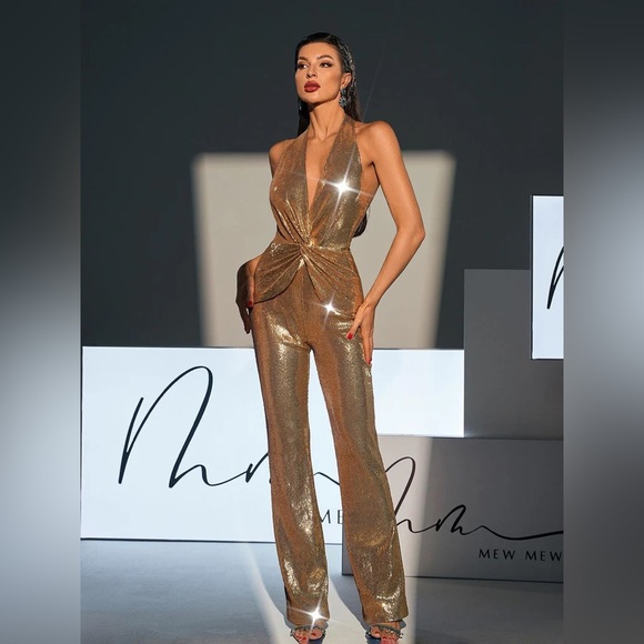 Gold Backless Halter Sequin Jumpsuit, S - Picture 1 of 7